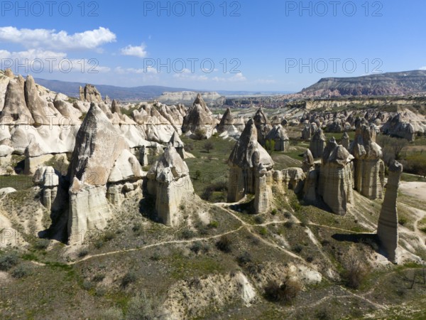 Rock formations and a breathtaking natural panorama in Cappadocia, aerial view, Love Valley, Göreme National Park, Göreme Tarihî Millî Parki, Nevsehir province, Nevsehir, Cappadocia, Cappadocia, Cappadocia, Cappadocia, Central Anatolia, Turkey