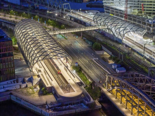 Aerial view of the Hamburg Elbbrücken U4 underground and S-Bahn station at blue hour, Hamburg, Germany