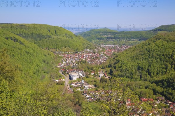 View from Lichtenstein Castle, view of the Echatztal valley, Honau, Unterhausen at the back, mountains, eaves of the Swabian Alb, Honau, municipality of Lichtenstein, Baden-Württemberg, Germany