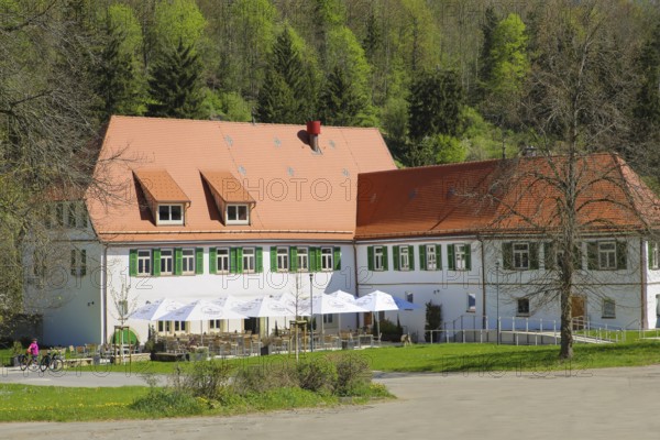 Gestütsgasthof near the stud farm and the Lauterquelle, terrace, sunshades, catering, restaurant, building, green shutters, Offenhausen, municipality of Gomadingen, Swabian Alb, Baden-Württemberg, Germany