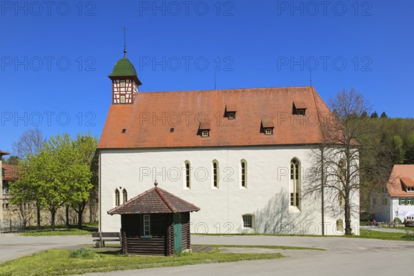 Stud Museum at the Lauterquelle, building, architecture, excursion destinations, small tower, half-timbered, roof, roof shingles, Offenhausen, municipality of Gomadingen, Swabian Alb, Baden-Württemberg, Germany