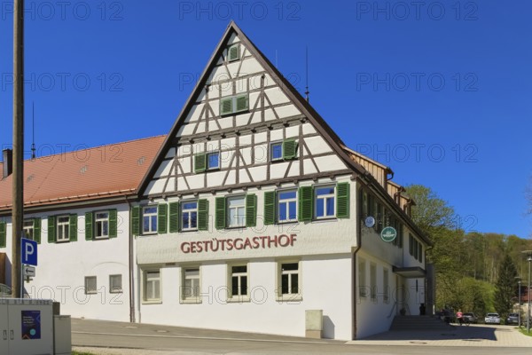 Gestütsgasthof near the stud farm and the Lauterquelle, catering, restaurant, building, half-timbered, lettering, green shutters, Offenhausen, municipality of Gomadingen, Swabian Alb, Baden-Württemberg, Germany