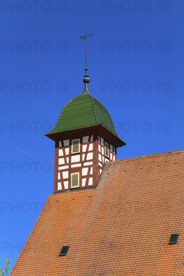Stud Museum at the Lauterquelle, building, architecture, excursion destinations, small tower, half-timbered, roof, roof shingles, Offenhausen, municipality of Gomadingen, Swabian Alb, Baden-Württemberg, Germany