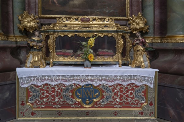 Reliquary sarcophagus of St Lucianus, catacomb saint, Abbey Church of the Assumption of the Virgin Mary, Rohr, Lower Bavaria, Germany