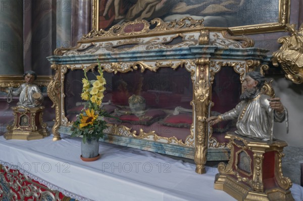 Reliquary sarcophagus of St Urbanus, catacomb shrine, Abbey Church of the Assumption of the Virgin Mary, Rohr, Lower Bavaria, Germany