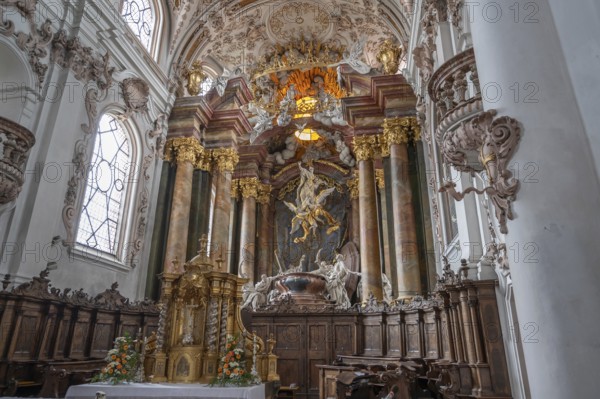 Chancel with the Assumption of the Virgin Mary with twelve apostles, a work created by Egid Quirin Asam between 1717 and 1723, Abbey Church of the Assumption of the Virgin Mary, Rohr, Lower Bavaria, Germany