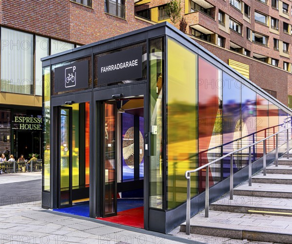 Westfield, access to the bicycle car park and the architecture at the new Hamburg shopping centre, Überseeplatz, Hamburg, Germany
