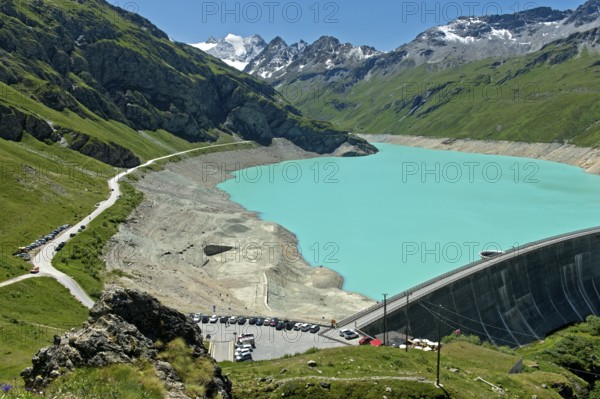 At the Moiry reservoir, Lac de Moiry, at low water in summer, Val d'Anniviers, Valais, Switzerland