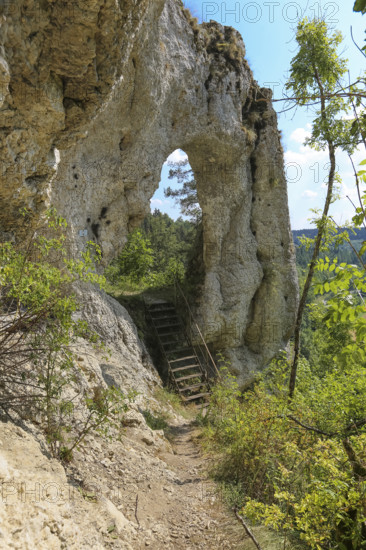 Teufelstorffelsen, Jura rock, gate-like breakthrough, stairs, natural monument between Gammertingen and Hettingen, Zollernalbkreis, Swabian Alb, Baden-Württemberg, Germany