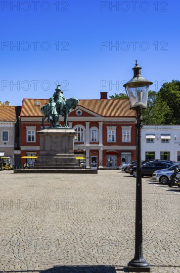 Equestrian statue of Karl X Gustav and statue of Erik Jonsson Count of Dahlberg by sculptor Theodor Lundberg on Kungstorget (market square) in Uddevalla, Bohuslän, Västra Götalands län, Sweden, for editorial use only