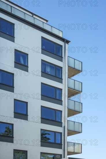 Balconys on apartment building built in 2020 in Ystad, Skåne County, Sweden, Scandinavia