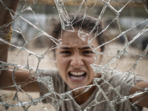 Ein Teenager schreit wütend durch eine kaputte Fensterscheibe, Aggressives Verhalten, Psychologie, Stressverhalten, Pubertät, Sozialverhalten, KI generiert