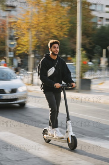 Ein junger Mann nimmt mit einem E-Scooter am öffentlichen Straßenverkehr in einer Stadt teil, Unfallgefahr, KI generiert