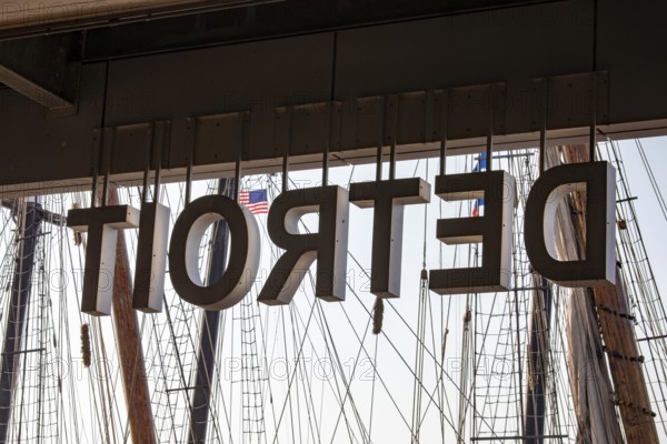 Detroit, Michigan - 9 August 2025 - Four schooners visit Detroit for the Sail Detroit Festival. The rigging of the vessels is seen against a sign welcoming mariners to Detrroit