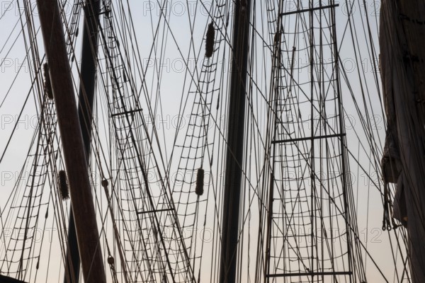 Detroit, Michigan - 9 August 2025 - Four schooners visit Detroit for the Sail Detroit Festival. Many ropes are required to rig the sails on these sailing ships