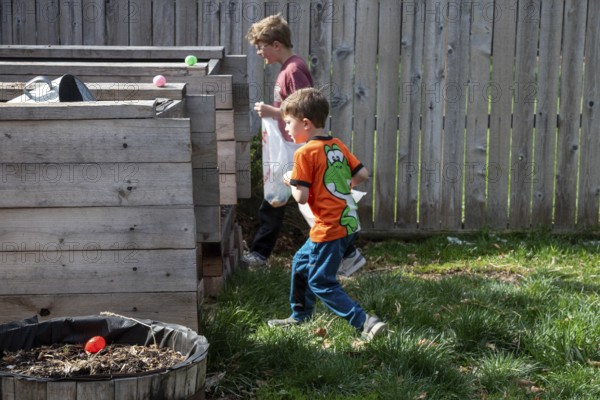 Wheat Ridge, Colorado - Brothers hunt for Easter eggson Easter Sunday in their family's back yard