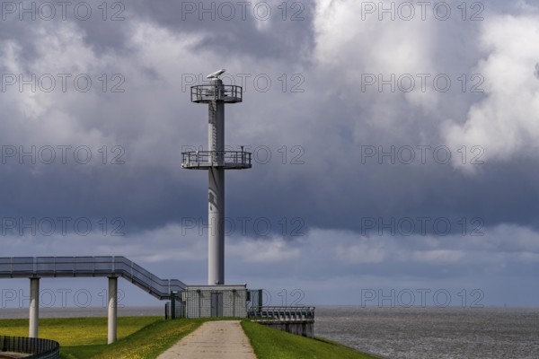 Radar tower, on the North Sea coast near Eemshaven, monitors shipping traffic on the coast, entrance to the Ems estuary, Wadden Sea off Borkum, Netherlands