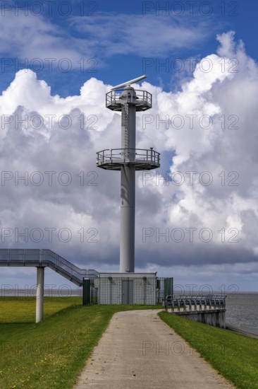 Radar tower, on the North Sea coast near Eemshaven, monitors shipping traffic on the coast, entrance to the Ems estuary, Wadden Sea off Borkum, Netherlands