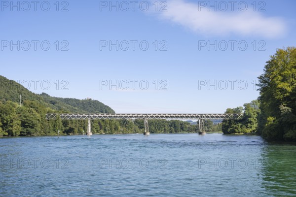 View over the Rhine, Hochrhein to the historic truss bridge, railway bridge of the Nationalbahn near Hemishofen, Canton Schaffhausen, Switzerland