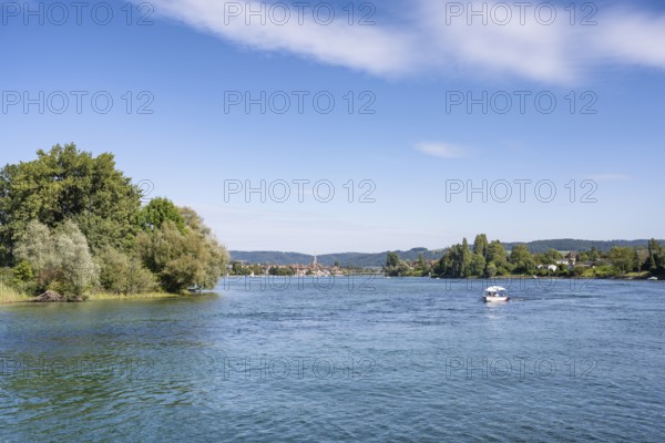 View over the Rhine, Hochrhein, on the horizon the town of Stein am Rhein, Canton Schaffhausen, Switzerland