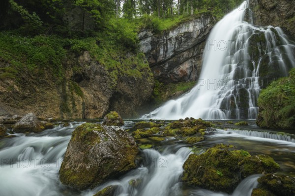 Summer nature experience at the Golling waterfall with lots of water, Golling an der Salzach, Austria