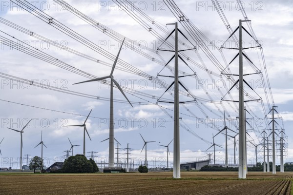 Wind turbines of a wind farm near Eemshaven, high-voltage power lines, Netherlands