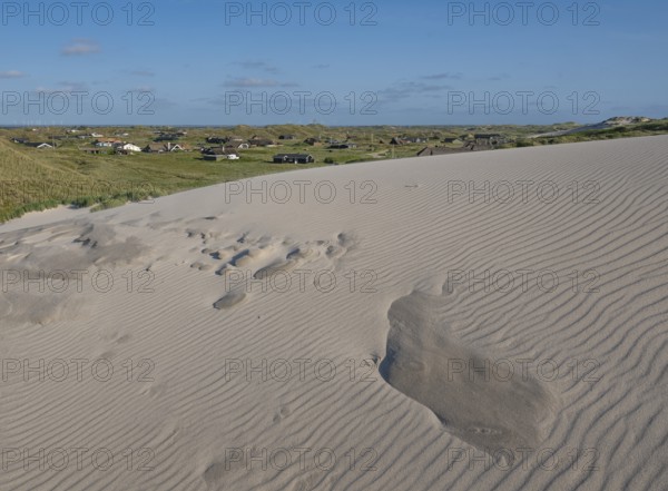 Dunes, wave pattern in the sand, holiday settlement, blue sky, Hvide Sande, North Sea, Denmark