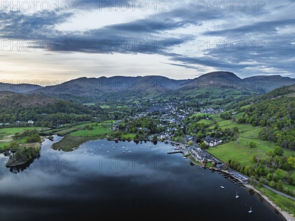 Sunset over Windermere Lake from a drone, Ambleside, Lake District, Cumbria, England, United Kingdom