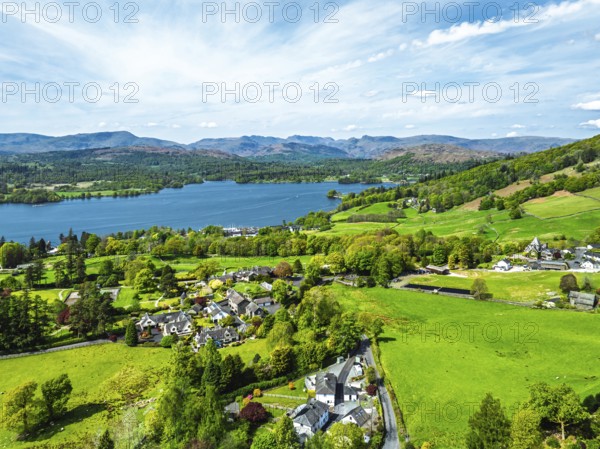 Farms and Fields from a drone, Townend house, Troutbeck, Windermere, Lake District, Cumbria, UK