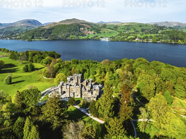 Wray Castle from a drone, Lake Windermere, Ambleside, Lake District, Cumbria, England, United Kingdom