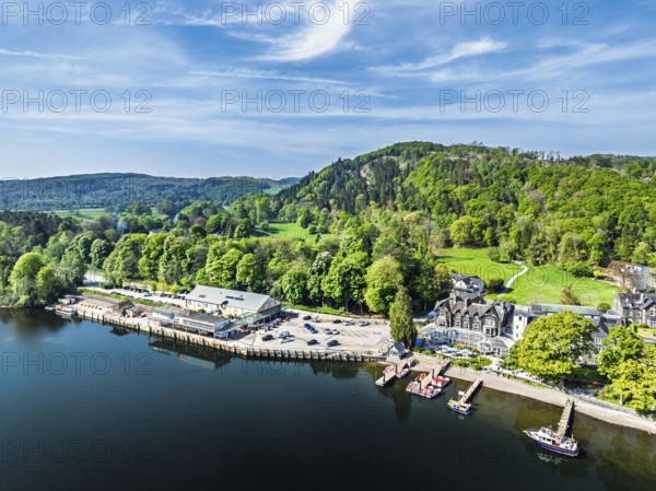 Windermere Lake from drone over Fell Foot Park, Lake District, Cumbria, England, United Kingdom