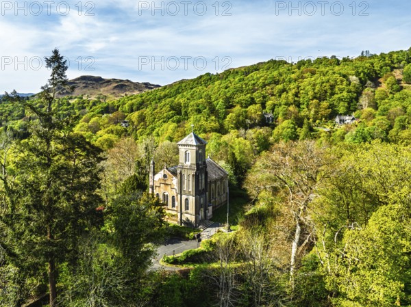 Holy Trinity Church from a drone, Bog Lane, Brathay village, Lake District, Cumbria, England, United Kingdom