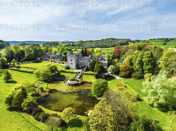 Sizergh Castle from drone, Helsington, Cumbria, England, United Kingdom