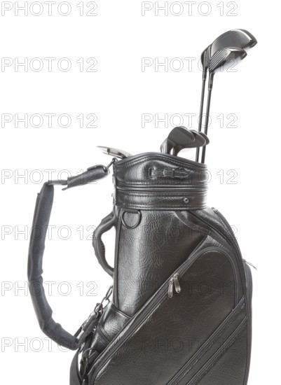 Black leather golf bag with A set of golf clubs isolated on a white background