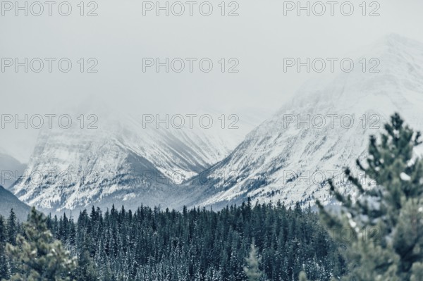 Winter road trip on the Icefields Parkway with lots of snow and ice, Banff National Park, Jasper National Park, Alberta, Canada