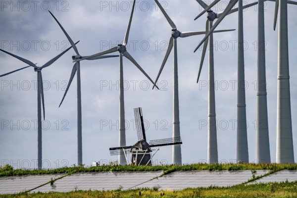 Westereems and Growind wind farms, over 80 wind turbines in total, at the seaport of Eemshaven, province of Groningen, in the north-west of the Netherlands, historic Goliath windmill from 1897, solar farm on sea dike, Slaperdijk, a good 5 kilometres long