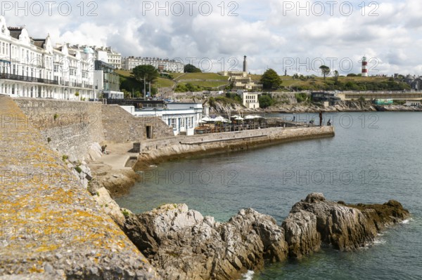 Seafront coastline waterfront, city of Plymouth, Devon, England, UK view east to Plymouth Hoe