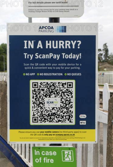 ScanPay QR Code operated by Apcoa parking at Pewsey railway station, Wiltshire, England, UK