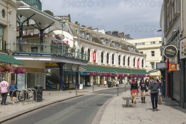 Shops in historic buildings Fleet Street, Torquay, Devon, England, UK