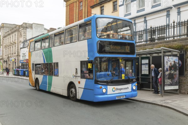 Dennis Trident Alexander ALX400 bus, Stagecoach double-decker service route 12 to Brixham, Torquay, Devon, England, UK