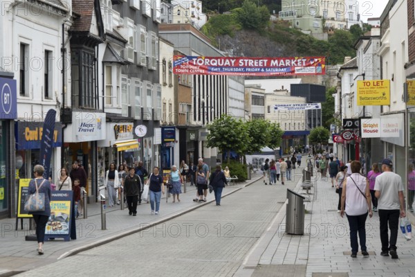 Pedestrianised shopping street in town centre, Union Street, Torquay, Devon, England, UK