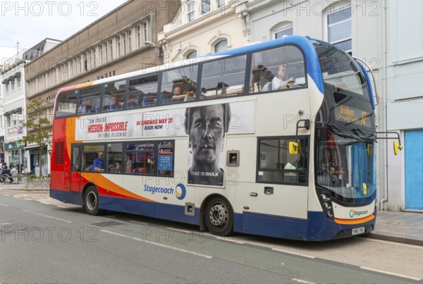 Scania N250UD ADL Enviro400 MMC Stagecoach double-decker bus service route 12 to Brixham, Torquay, Devon, England, UK