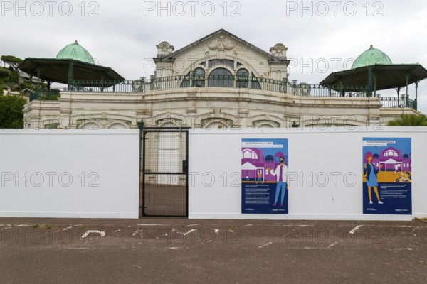 Hoardings surround pavilion restoration project work, Torquay pavilion, Torquay, Devon, England, UK