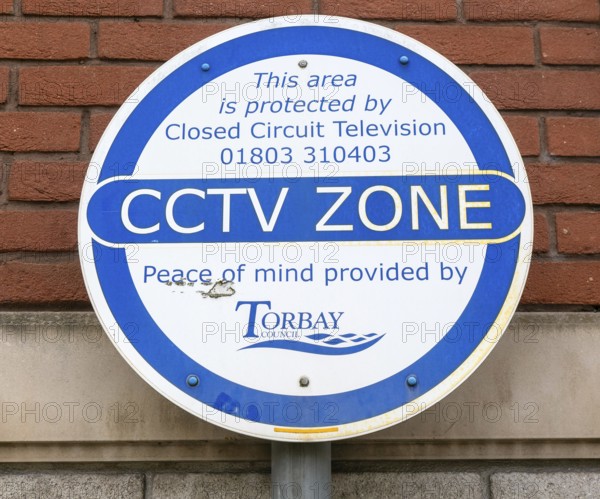 CCTV zone closed circuit television surveillance sign, Torbay Council, Torquay, Devon, England, UK
