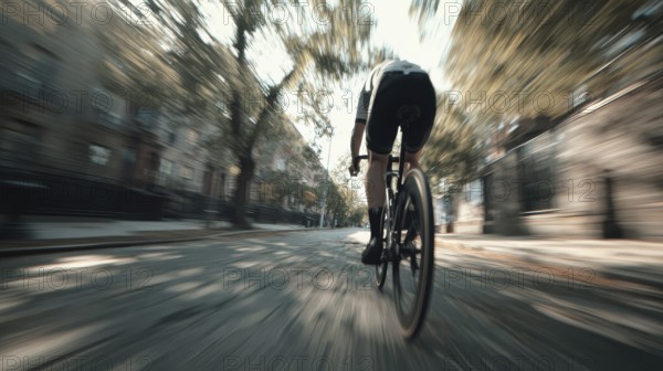 A cyclist, racing cyclist riding his racing bike fast on a road through a rural area, motion blur, speed, accident risk, AI generated, AI generated
