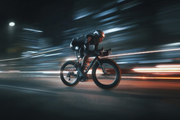 A cyclist, racing cyclist riding his racing bike fast on a road through a rural area in the dark, motion blur, speed, accident risk, AI generated, AI generated