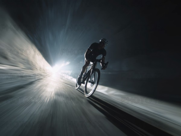 A cyclist, racing cyclist riding his racing bike fast on a sloping road in the dark, motion blur, speed, accident risk, AI generated, AI generated