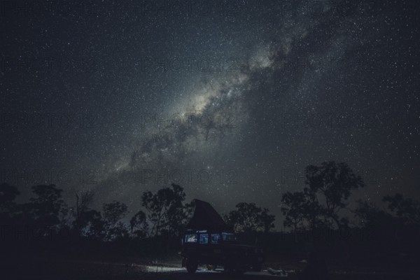 Milky Way in the Australian outback. Camping in a Landrover rooftop tent, Australia