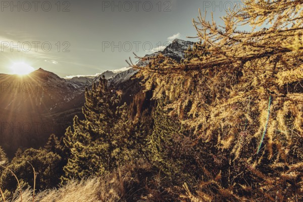 Autumn atmosphere in the Swiss Alps in the Engadine. Photographed from the village of Maloja on the Maloja Pass