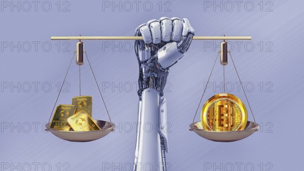 Symbolic image, gold or bitcoin, insecure digital currency, bitcoin, gold as a reserve currency, resources, energy, industry, economy critical, stock market hype, stock market crash, payment, insolvency, wrong decisions, profit, profit slump, share prices, Germany as a business location, global economy, globalisation, environmental protection, mafia, Trump government, bitcoin rally, cryptocurrency, electronic wallet, wallet, crypto reserve, price development, stock market trading